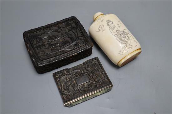 A Chinese bone snuff bottle, engraved with females, 7cm, and Chinese carved tortoiseshell snuff box, 8cm